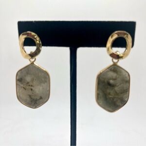 Green Stone Drop Earrings | Gold Tone Geometric Dangle | Natural Stone Look